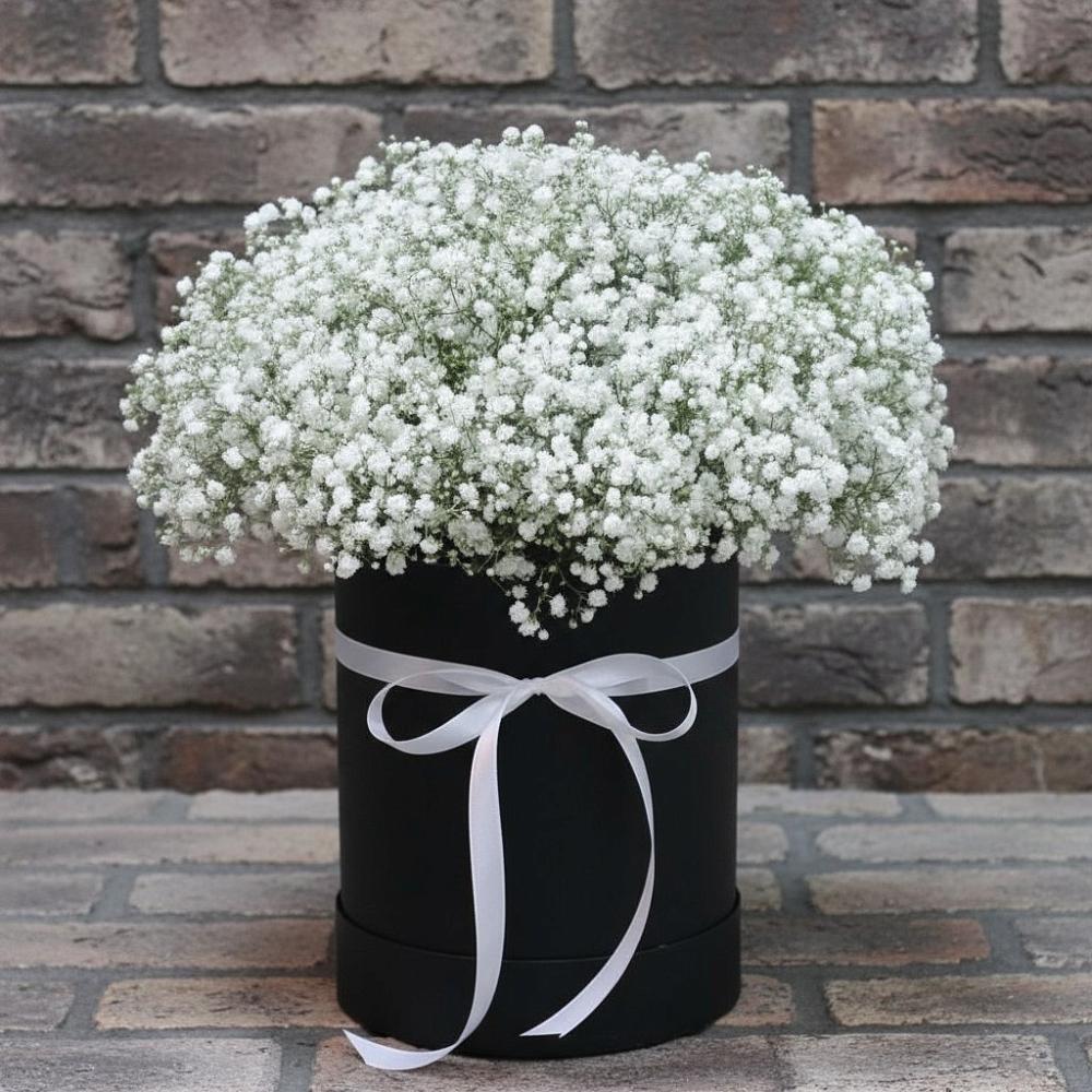 Цветочная композиция из Гипсофила в шляпной коробке в Домбаровский