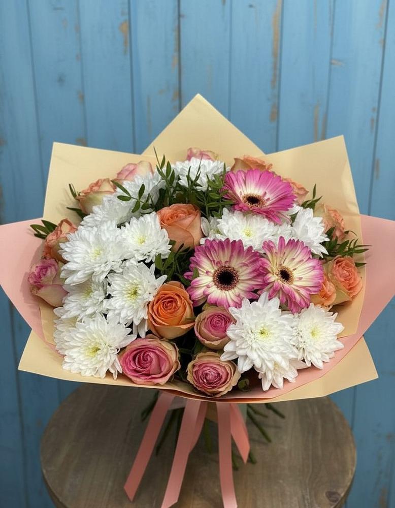 Букет цветов из: Розы, Герберы и Хризантемы в Домбаровский
