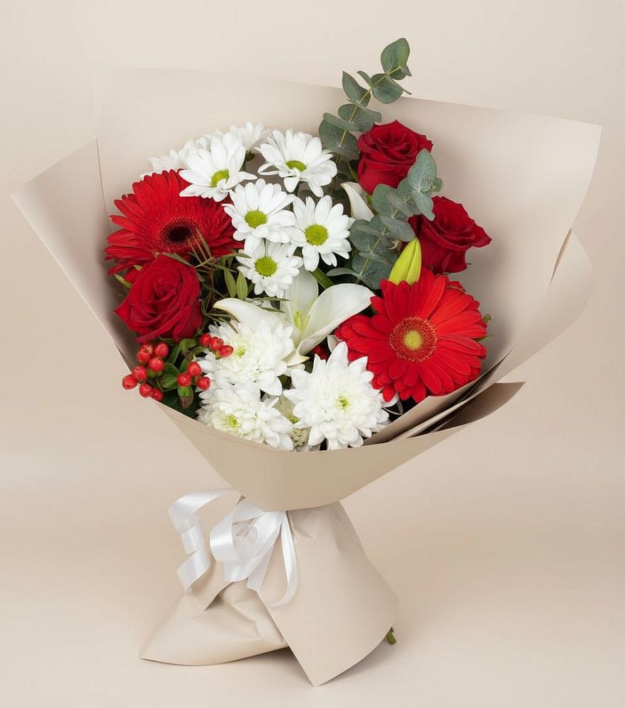 Букет цветов из: Розы, Хризантемы, Герберы и Лилии в Домбаровский