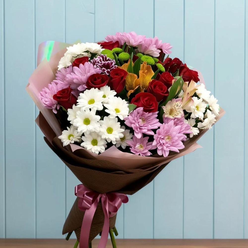 Букет цветов из: Розы, Хризантемы и Альстромерии в Домбаровский
