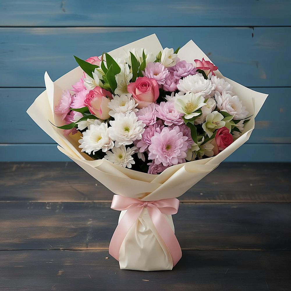 Букет цветов из: Хризантемы, Альстромерии и Розы в Домбаровский